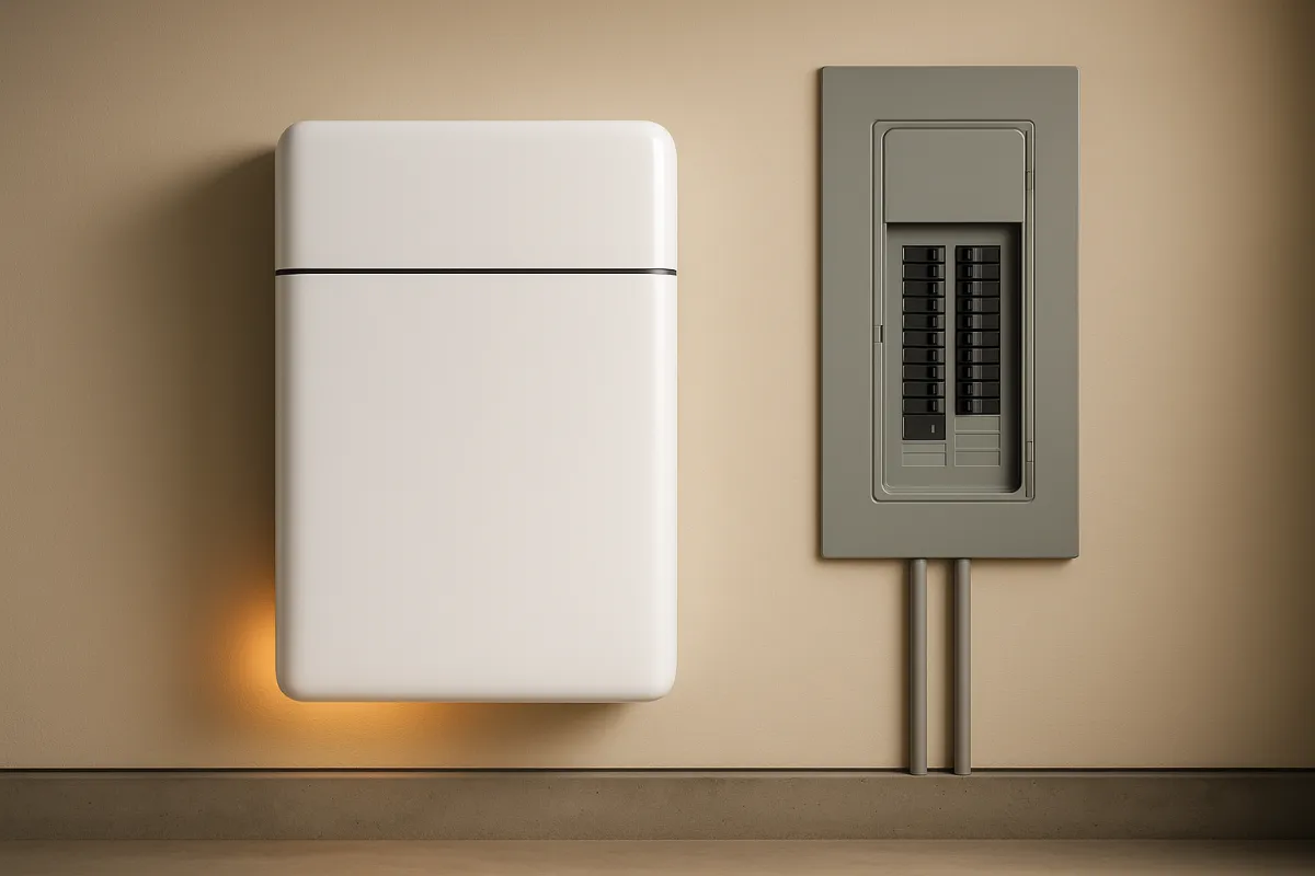 A sleek white home battery mounted on a garage wall beside an electrical panel