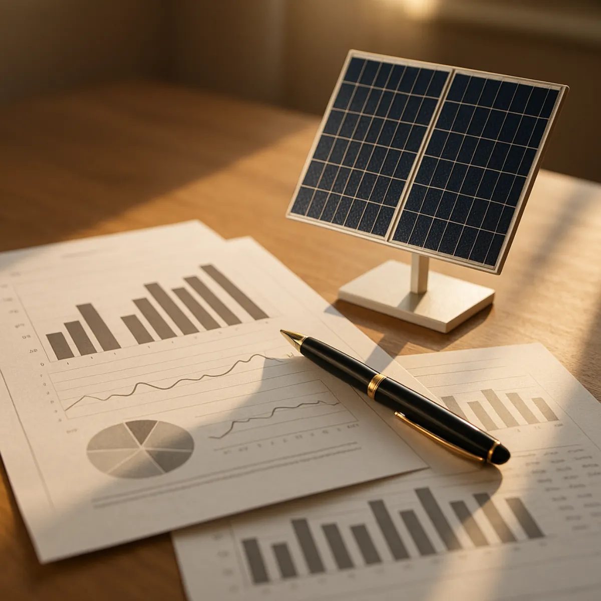 A small model solar panel on a stand catching low warm light on a wooden table beside printed sheets carrying bar charts, a line chart and a pie chart, with a black and gold pen resting across them