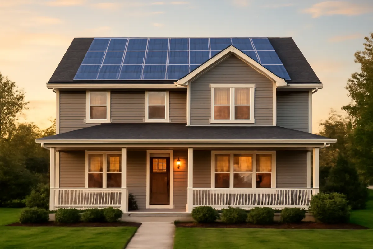 A two story house with grey lap siding, white trim and a covered front porch with warmly lit windows, carrying a large blue solar array across the upper roof slope at dusk