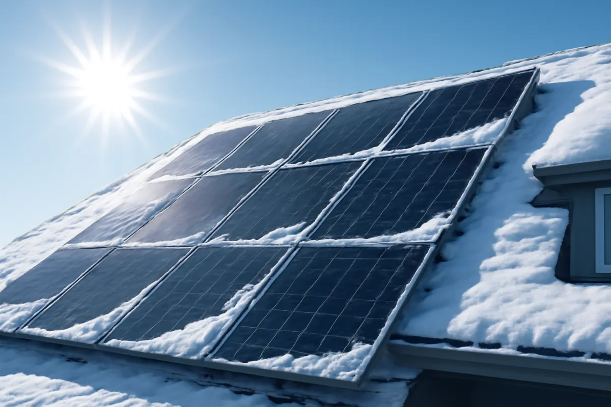 Solar panels on a snowy residential roof under bright winter sun with a cool blue tint