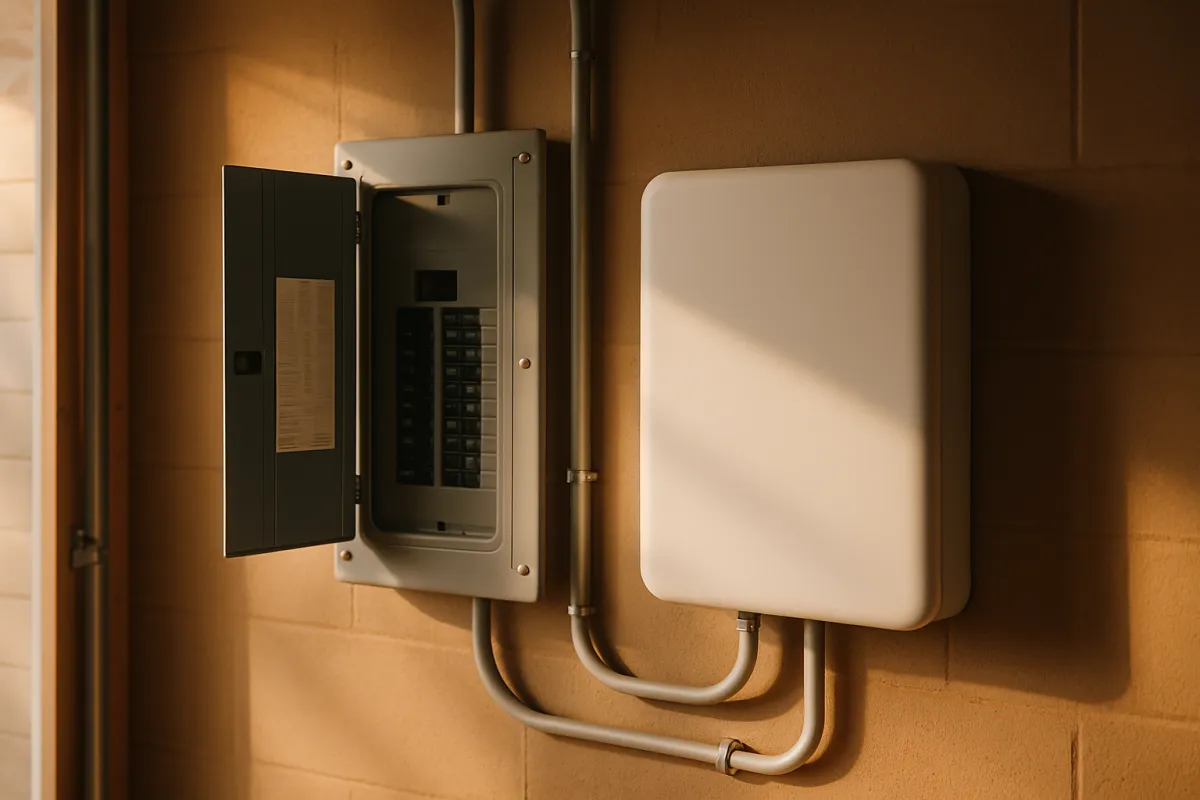 An open residential breaker panel beside a smooth wall-mounted enclosure with conduit runs on a painted block wall