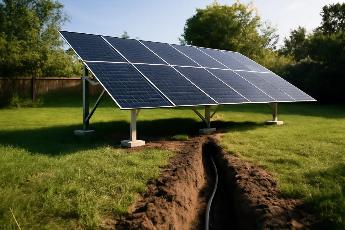 A ground-mounted solar panel array on steel posts in a grassy yard, with an open trench running toward the house and trees and a wood fence in the background
