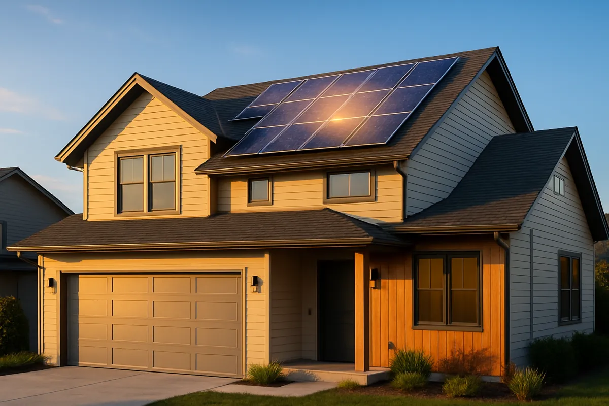 Rooftop solar panels on a house in afternoon sun