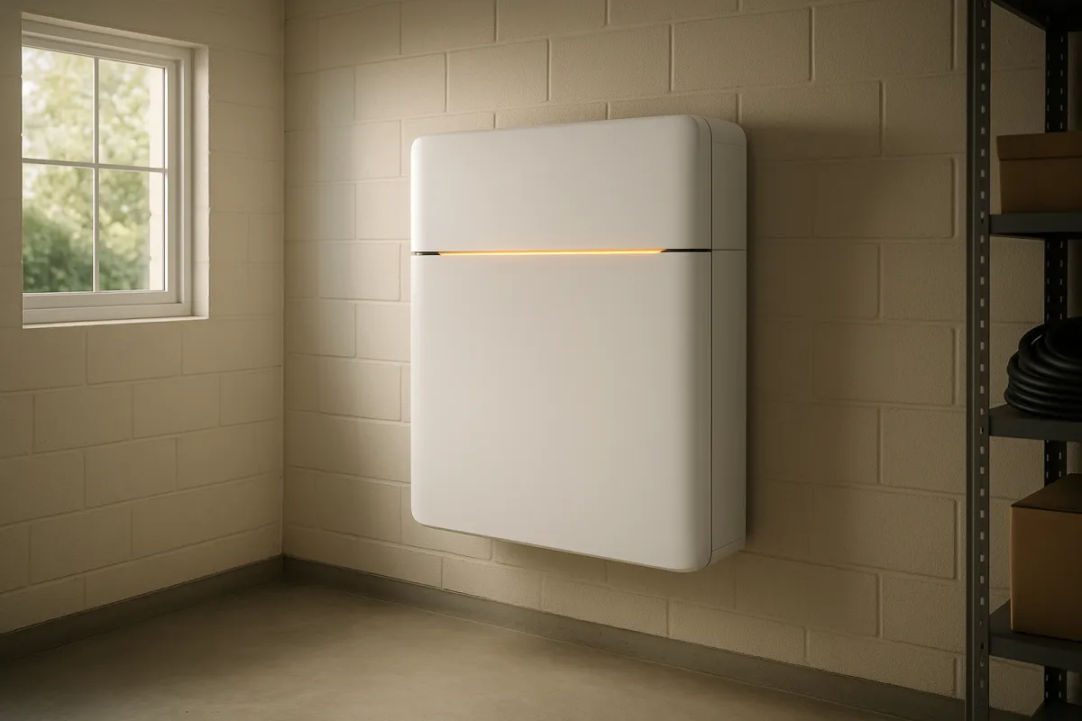 A modern white home battery backup unit mounted on a garage wall with warm accent lighting