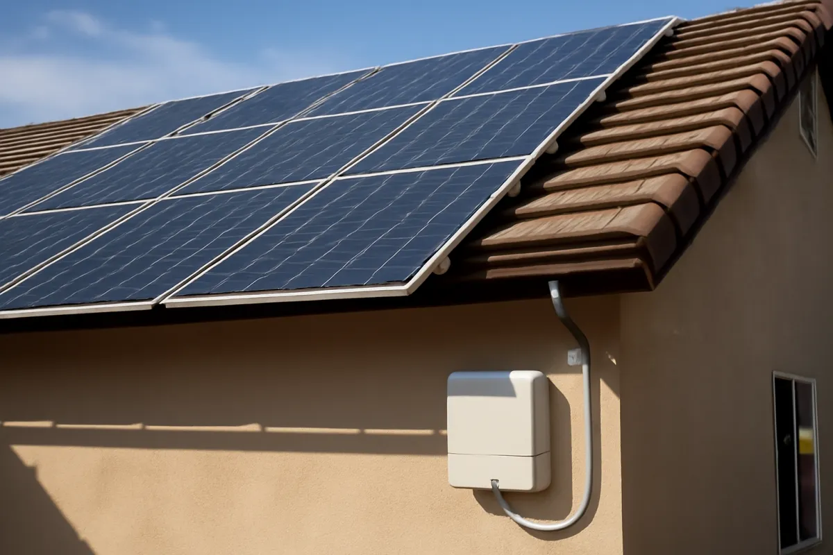 Close-up of a residential rooftop solar panel array with a white inverter disconnect box mounted on the exterior wall below it and a conduit running between them