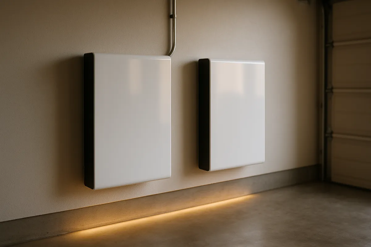Two white wall-mounted home battery units side by side in a residential garage with warm accent lighting