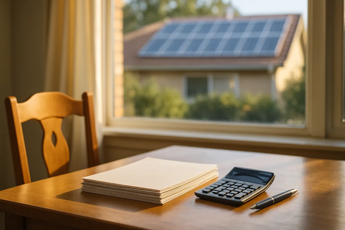 A stack of blank pages, a black calculator and a pen on a wooden table beside a window, with a neighbouring house roof carrying a solar array visible outside
