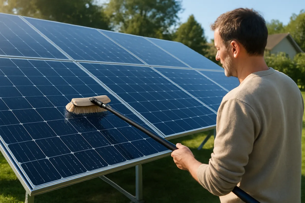 A person gently cleaning residential solar panels with a soft-bristle brush on a long extension pole from the ground beside a low solar array in bright morning light