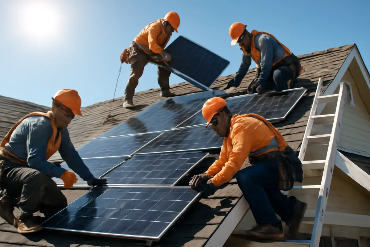 An installation crew mounting solar panels on a residential home roof under a bright clear blue sky