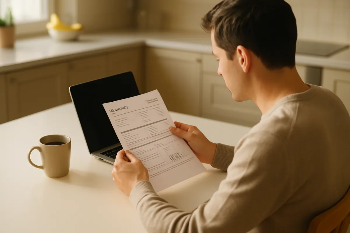 A person at a kitchen table reviewing a paper electric utility bill beside an open laptop and a coffee mug in warm morning light