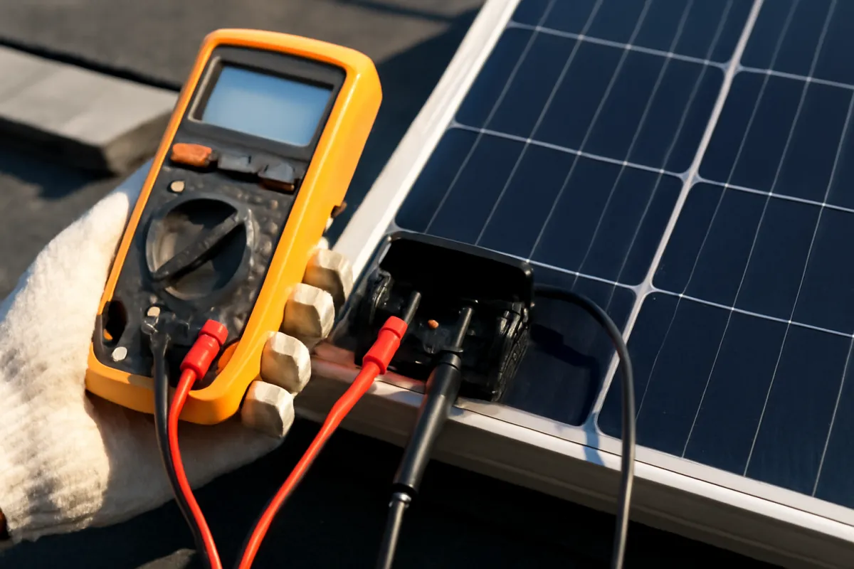 A gloved hand holding a yellow digital multimeter with its red and black probes connected to a solar panel's junction box terminals on a rooftop