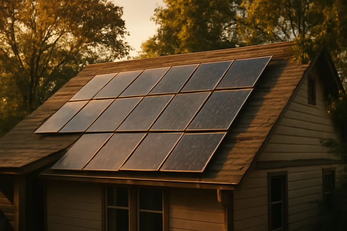 Three rows of solar panels on the shingled roof of a house at golden hour, with trees behind and low sun raking across the glass