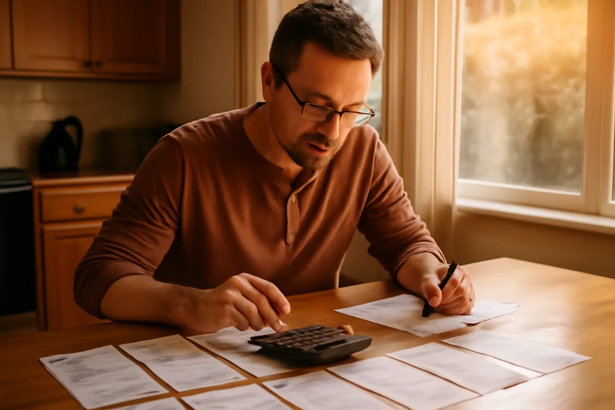 A man in a brown shirt and glasses at a wooden kitchen table, working a calculator with printed sheets spread across the table in front of a sunlit window