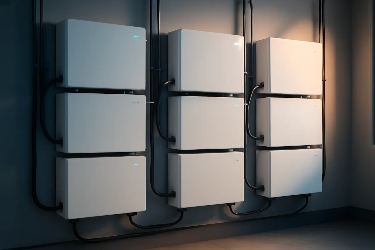 A wall of stacked white home battery modules with cabling and status lights