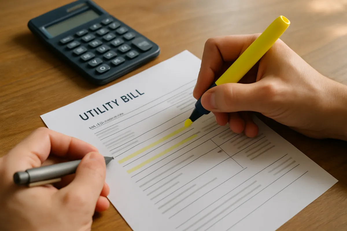 A person's hands marking line items on a paper electric bill with a highlighter next to a calculator on a wooden table