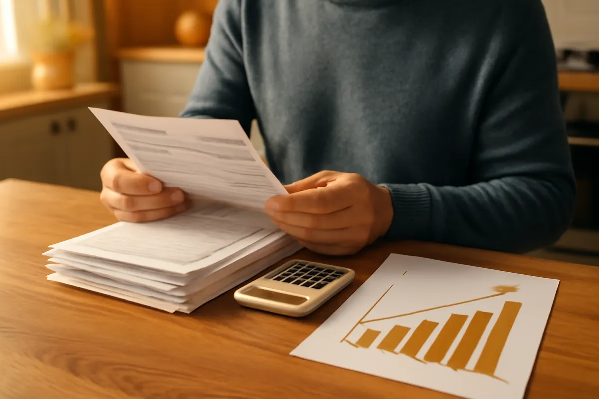 A person in a dark sweater at a wooden table holding a printed sheet above a stack of papers, with a small calculator and a printout of an orange bar chart beside them