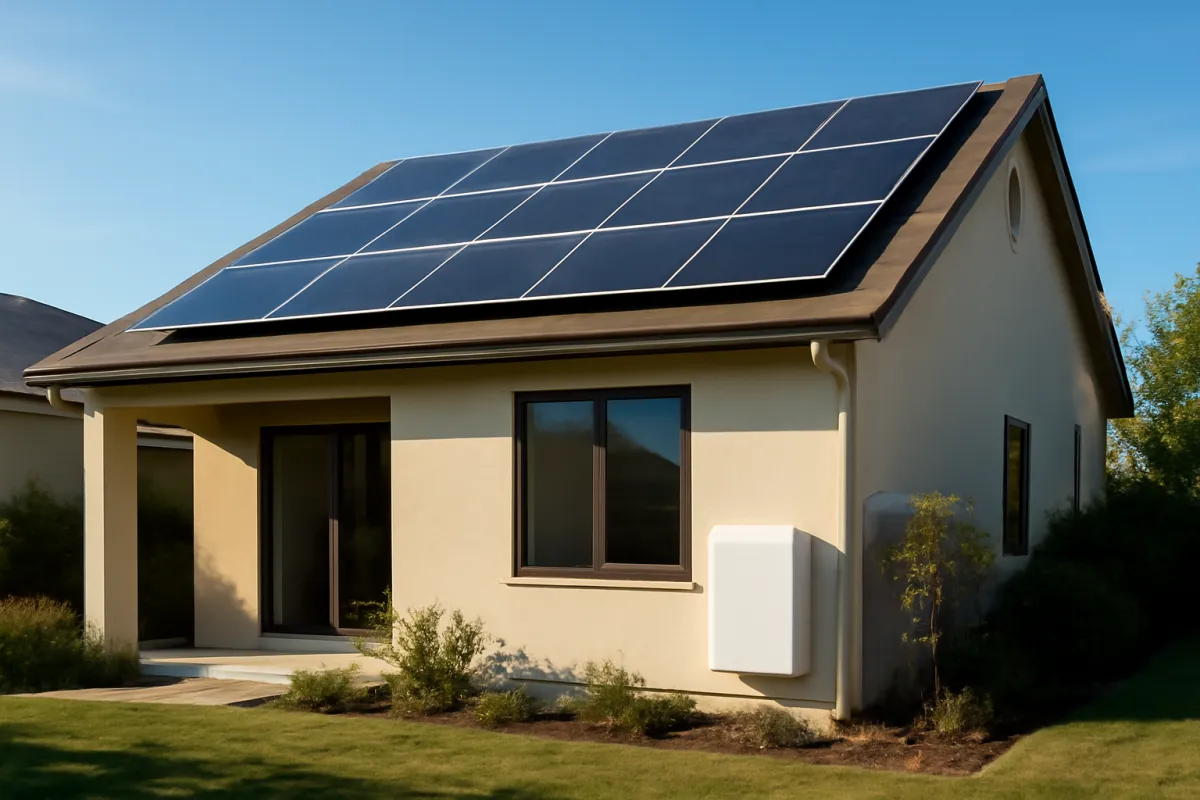 A single story house with a dark solar array covering most of one roof plane and a white wall mounted enclosure below it, under a clear blue sky