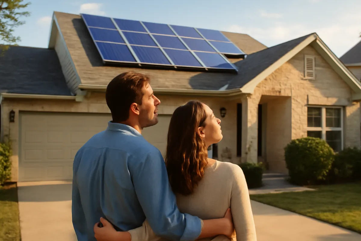 A man in a blue shirt with his arm around a woman in a cream sweater, both standing in a driveway looking up at a blue solar array on the roof of a single story stone fronted house in bright sunlight
