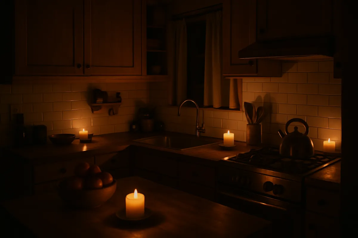 A kitchen lit by candles during a nighttime power outage