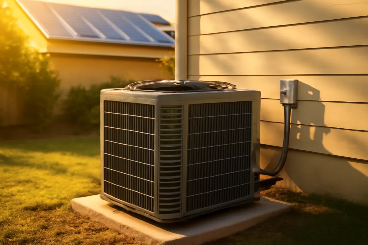 A large outdoor central air conditioning condenser unit beside a suburban home with rooftop solar panels behind