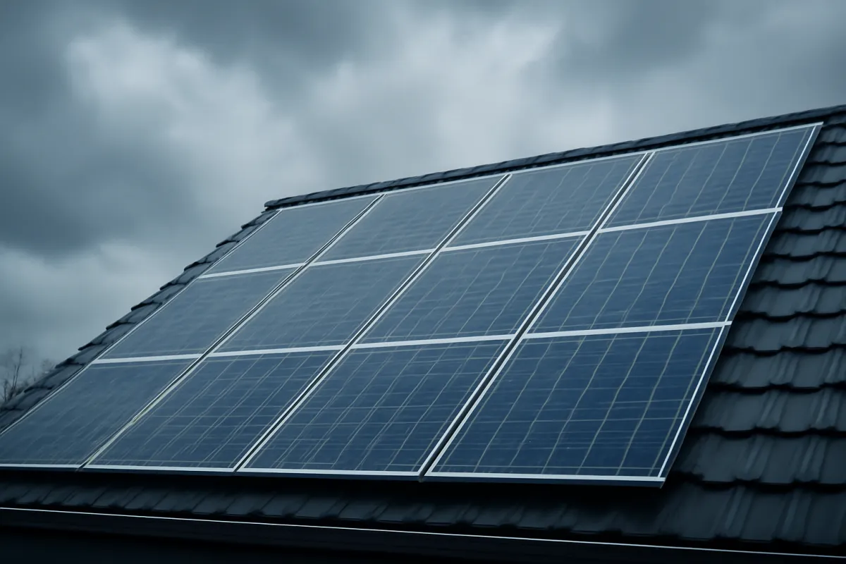 Home solar panels under a heavily overcast grey sky with soft diffuse daylight and a cool blue-grey tint