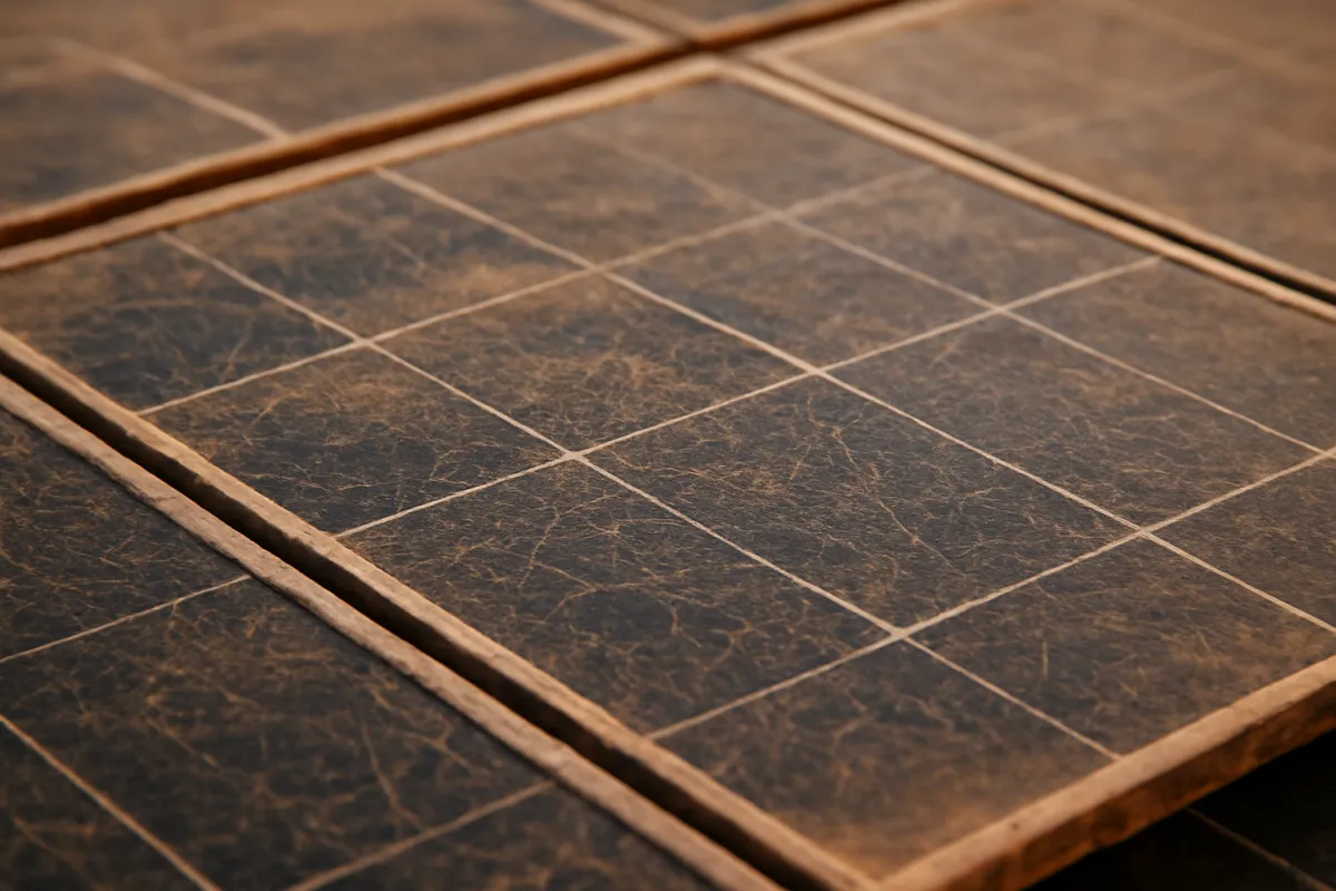 Close-up of dark grid-patterned panel faces in warm light, crossed by a fine web of pale hairline lines
