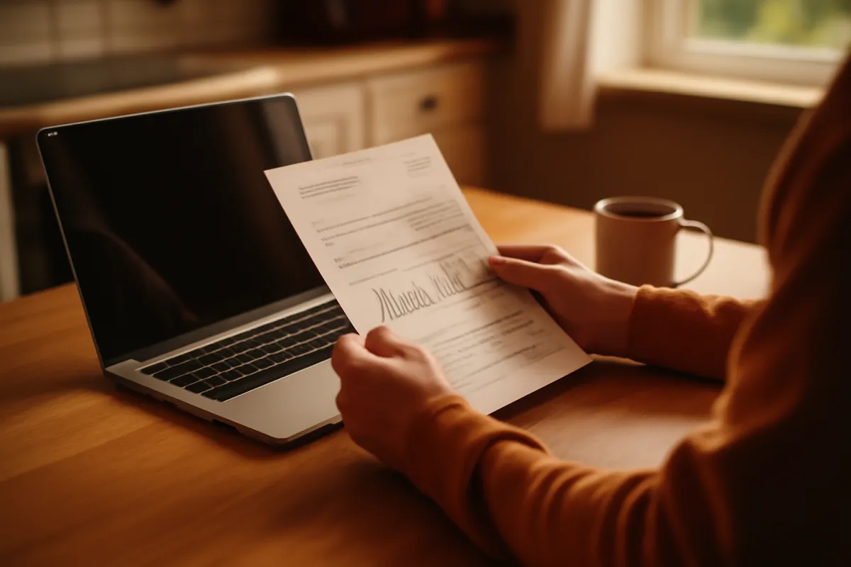 A person at a kitchen table reviewing a paper statement next to a laptop in warm window light