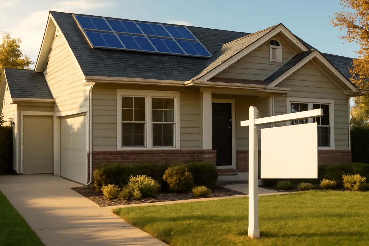 A single story cream sided house with a brick skirt and an attached garage, a blue solar array on the front roof slope, and a blank white real estate sign on a post in the lawn in low golden light