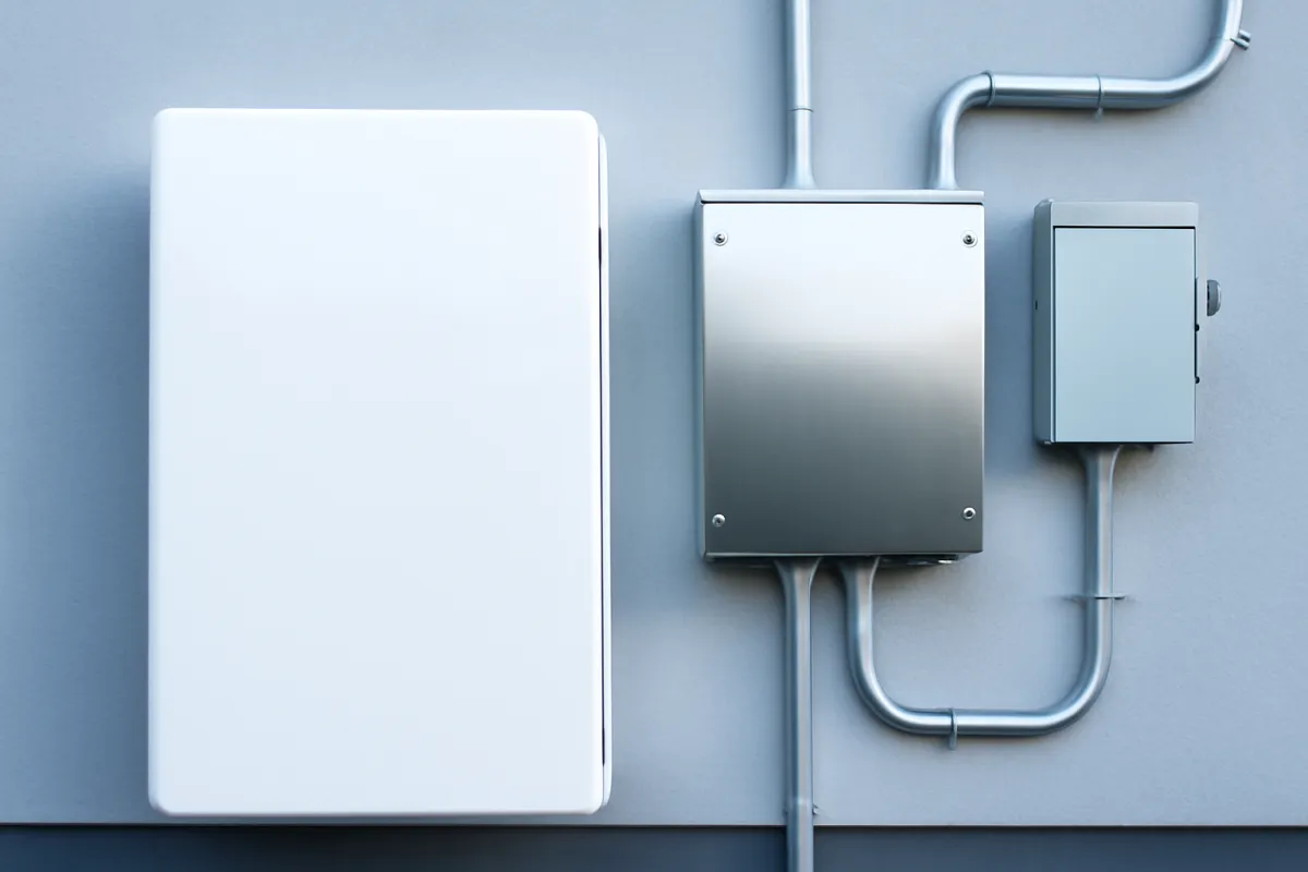 A white wall-mounted enclosure beside two smaller metal cabinets joined by bent metal conduit on a plain gray wall