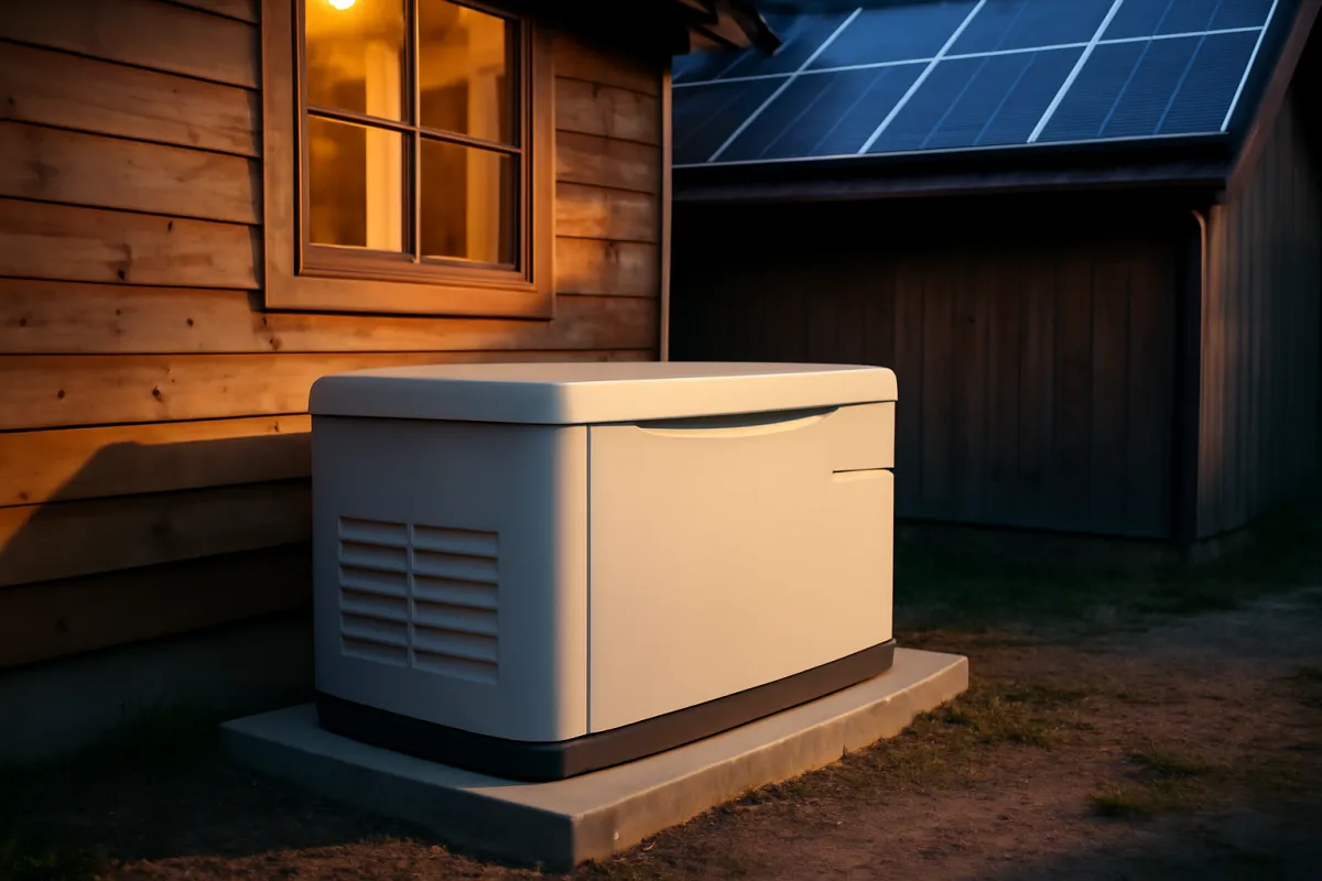 A boxy standby generator enclosure on a concrete pad beside a wood-sided house, with solar panels on a neighboring roof at dusk