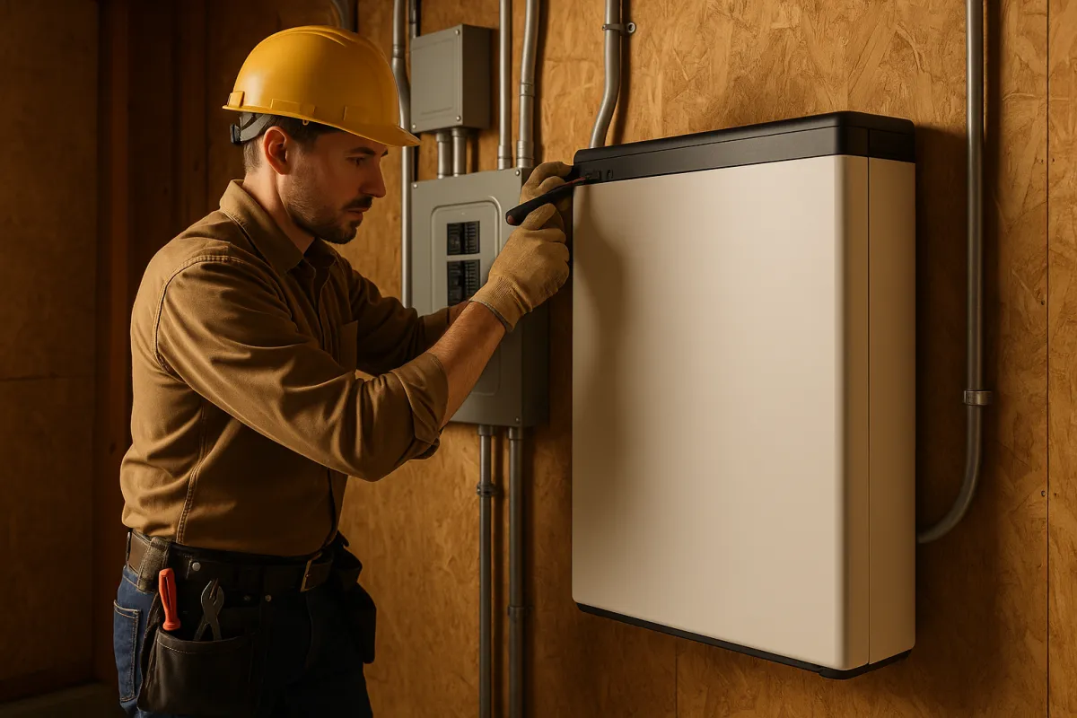A worker in a hard hat and gloves reaching into the top edge of a large wall-mounted unit beside a small electrical panel on a wood-paneled wall