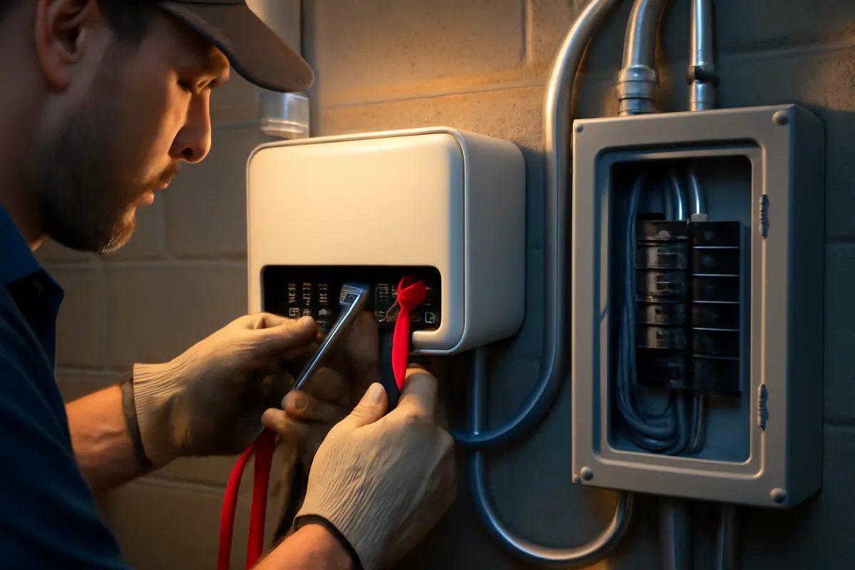 A worker in a cap and work gloves feeding red cable into an opening in a wall-mounted white enclosure, beside an open breaker panel on a concrete block wall