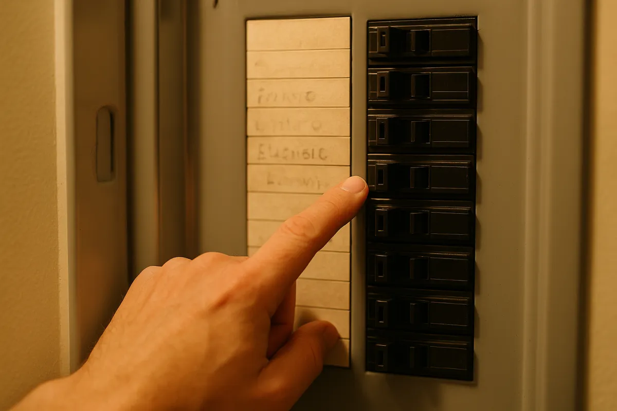 A hand pointing at one of the black breaker switches inside an open residential electrical panel, beside a paper directory card with faint handwriting, under warm indoor light