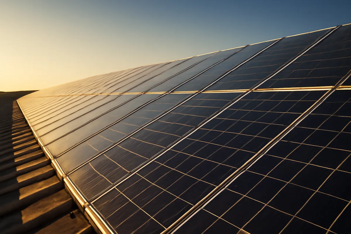A long row of solar panels stretching toward the horizon at golden hour