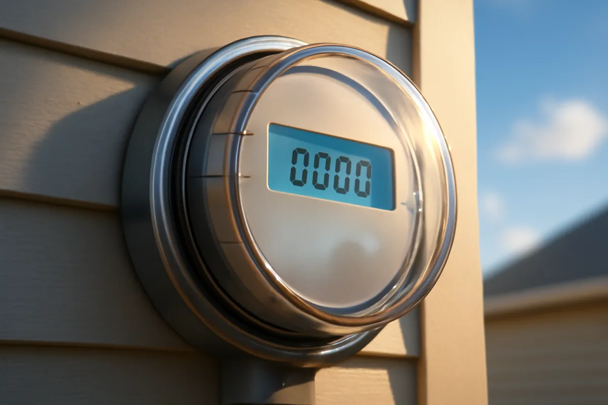 A residential electricity meter mounted on the exterior wall of a home in bright afternoon light