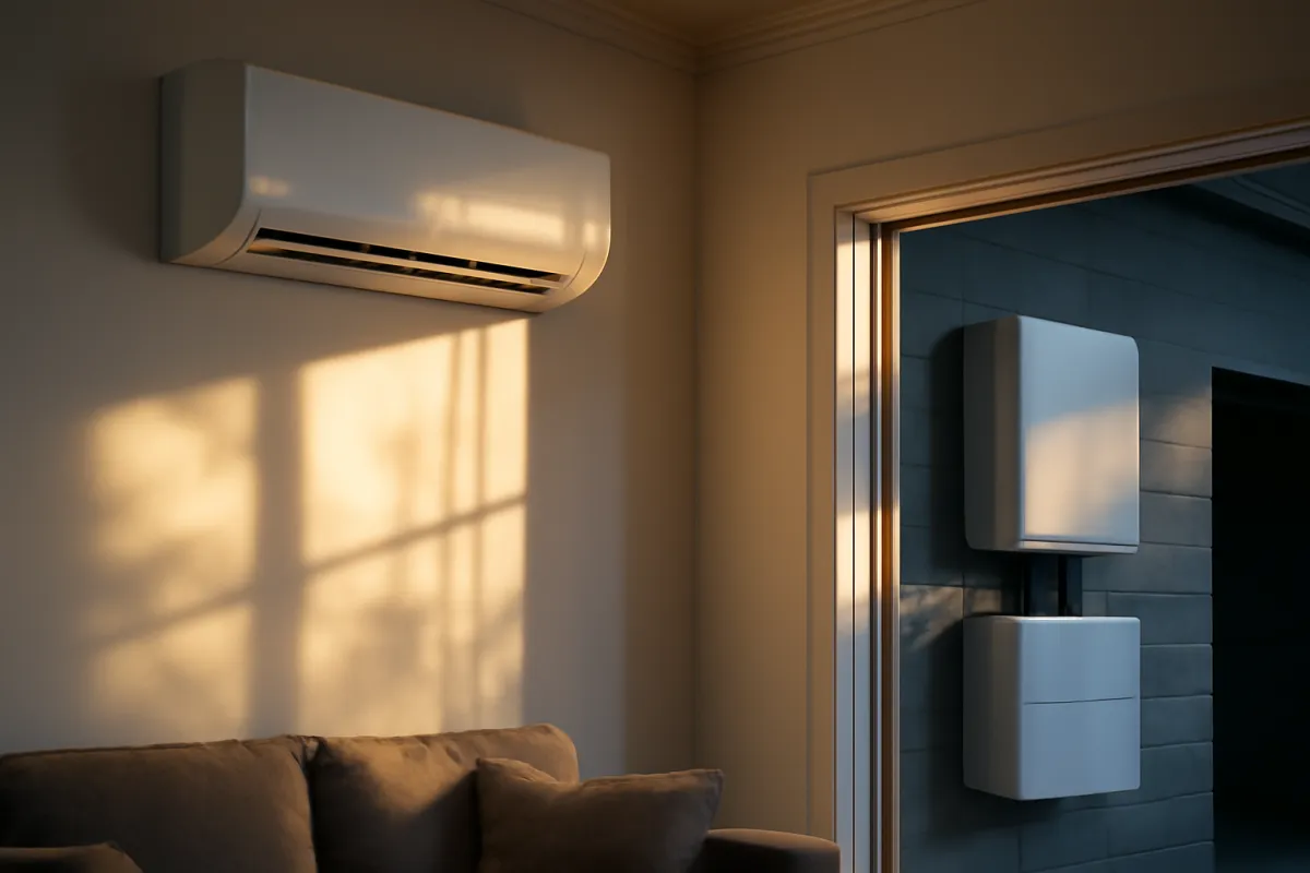 A ductless mini-split air conditioner head mounted high on a living room wall with sunlight through a window