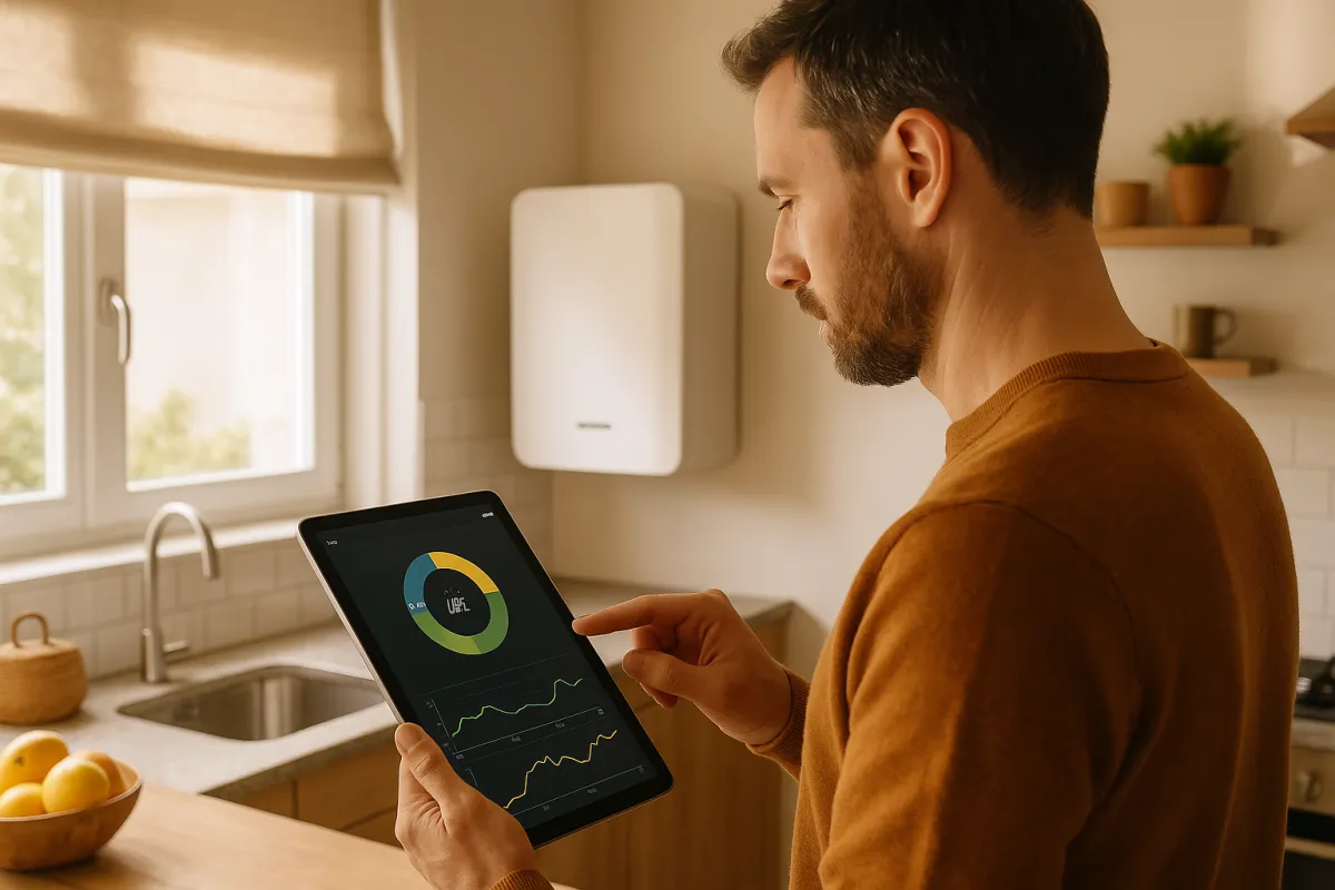 A homeowner checking a solar production monitoring app on a tablet in a kitchen, a white wall-mounted unit behind
