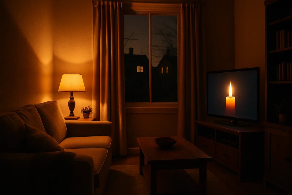 A living room lit warmly at night by a lamp and a screen, the ordinary evening backup power is meant to preserve