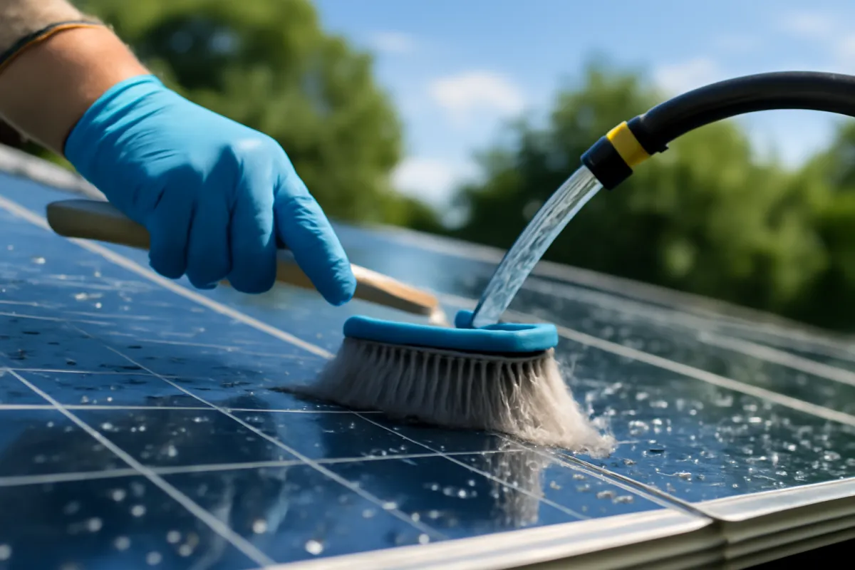 A close view of solar panels being cleaned with a soft brush and plain water, streaks of clean glass appearing