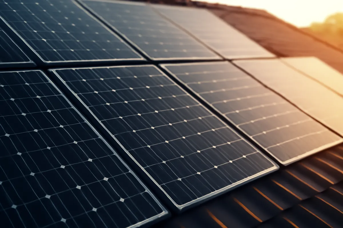 A close-up of dark solar modules with visible square cell grids and thin silver busbars, angled toward a low sun, with a tiled roof surface running along the lower right edge