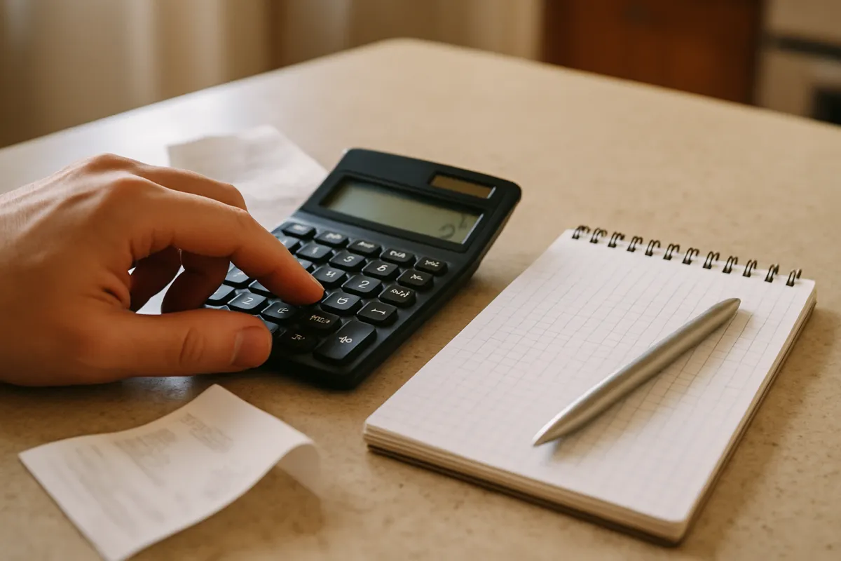 A hand using a calculator beside a notepad and printed slips on a kitchen counter, working out a rate