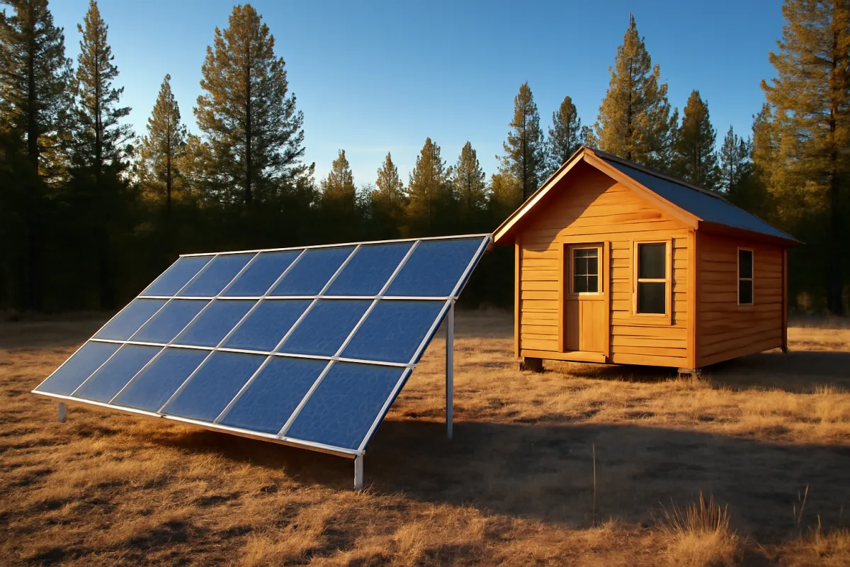 A ground-mounted solar array beside a small off-grid cabin in a forest clearing