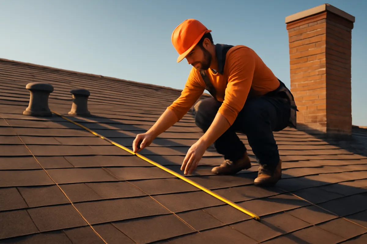 A worker in an orange hard hat and orange long-sleeved shirt kneeling on a shingled roof, pulling a yellow tape measure across the shingles, with two rounded roof vents to the left and a brick chimney behind