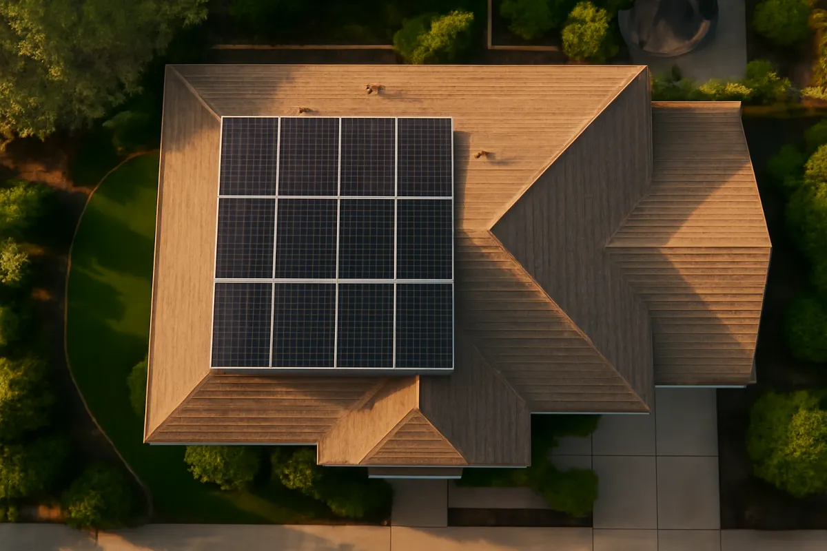 Aerial view of a suburban house roof partly covered with solar panels beside open roof space