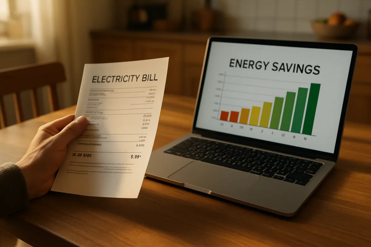 A homeowner reviewing solar savings figures and paperwork at a kitchen table in warm daylight