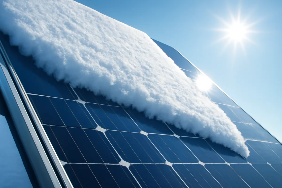 A slab of snow sliding off a tilted solar panel in bright winter sun