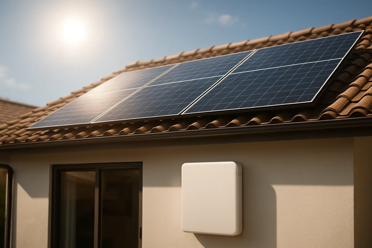 Solar panels on a residential rooftop in bright midday sun with a home battery on the wall below