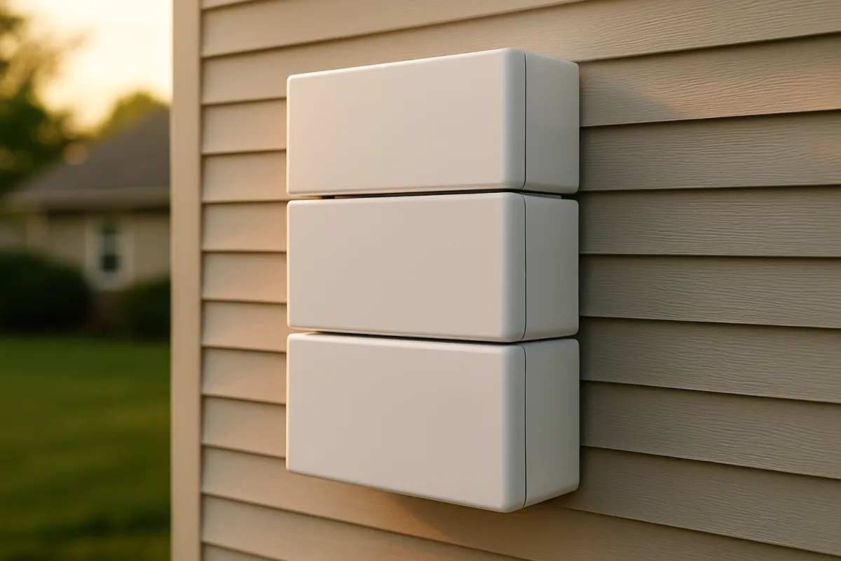 Three white rectangular wall-mounted units stacked vertically on the beige lap siding of a house, with a lawn and a neighboring roofline blurred behind in low evening light