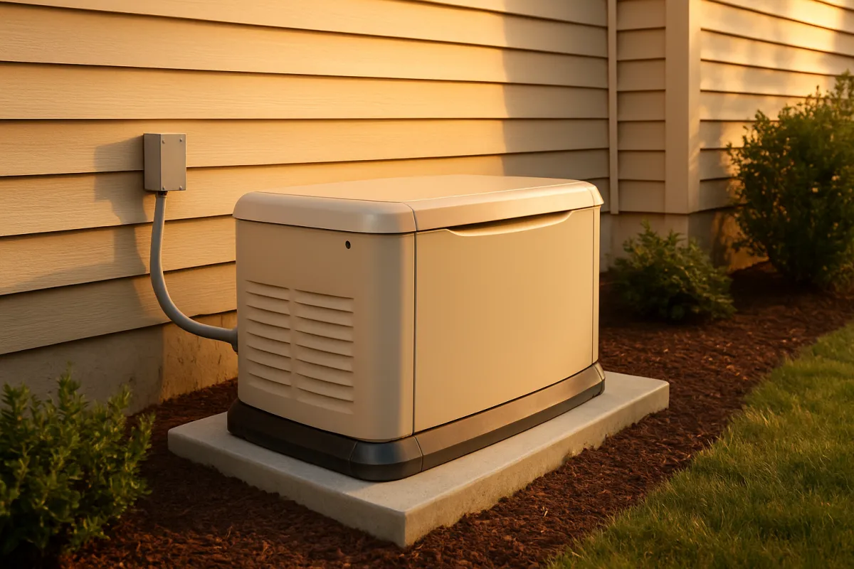 A standby generator installed on a pad beside a house exterior
