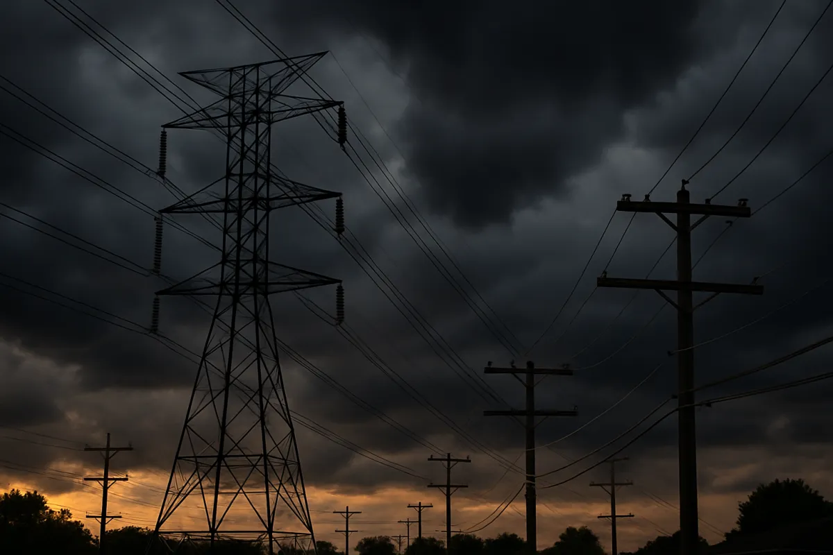 Power transmission lines under dark storm clouds
